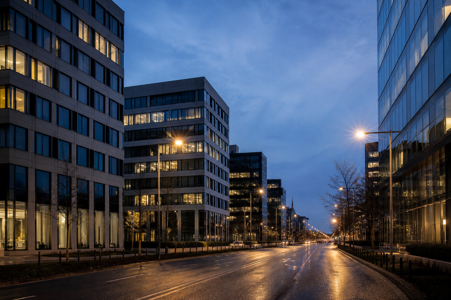 A modern office district in Warsaw at dusk, glass mid-rise buildings along a wide boulevard with scattered lit windows and wet pavement reflecting street lamps.