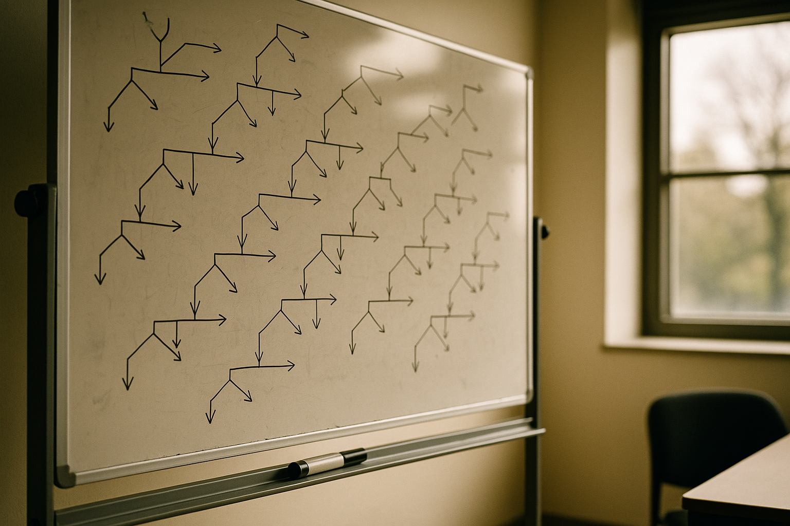 A whiteboard covered in branching diagrams and arrows mapping out decision paths, lit by morning light in an empty meeting room, suggesting structured step-by-step reasoning.