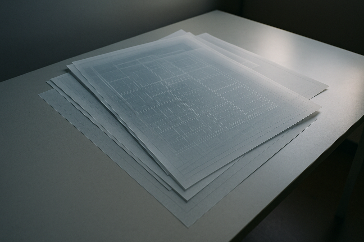 A clean architectural blueprint table lit from above, with layered translucent diagram sheets stacked over one another, suggesting interlocking system layers viewed from a planning desk.