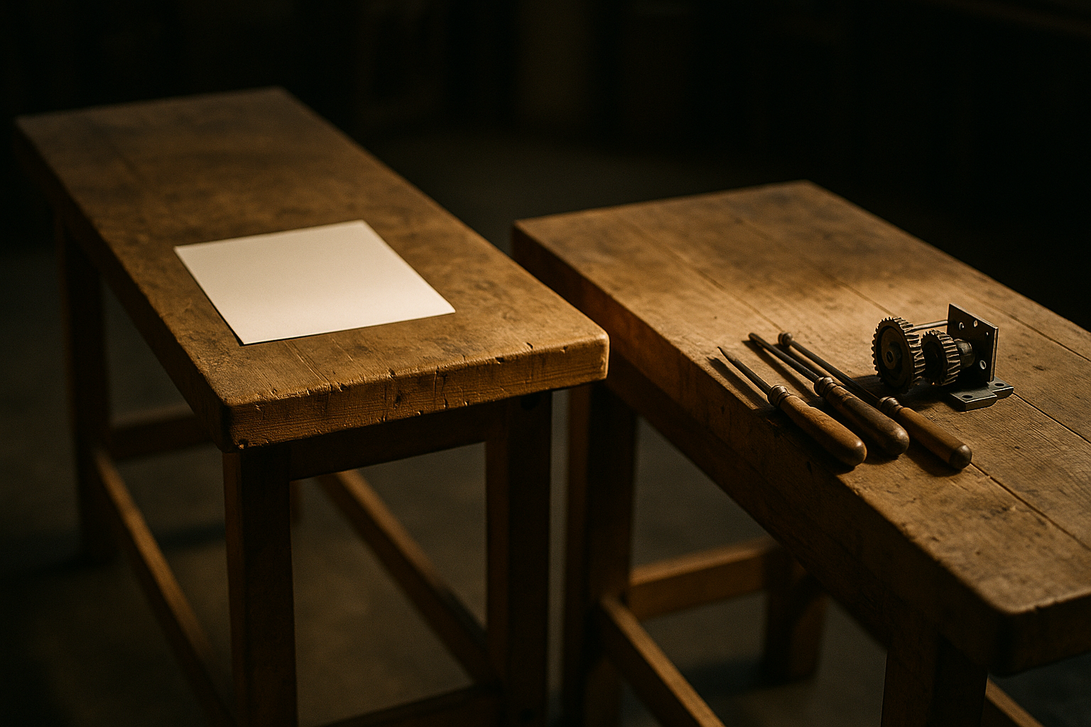 Two adjacent workshop benches under warm light: one bench holds a single finished printed page, the other holds a row of connected tools and a partly assembled mechanism, suggesting creation versus action.