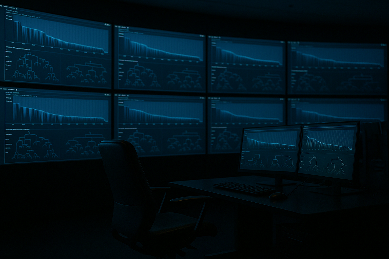 A dim network operations center with a long curved wall of monitors showing cascading timeline and trace graphs, an empty operator chair in the foreground, cool blue light.