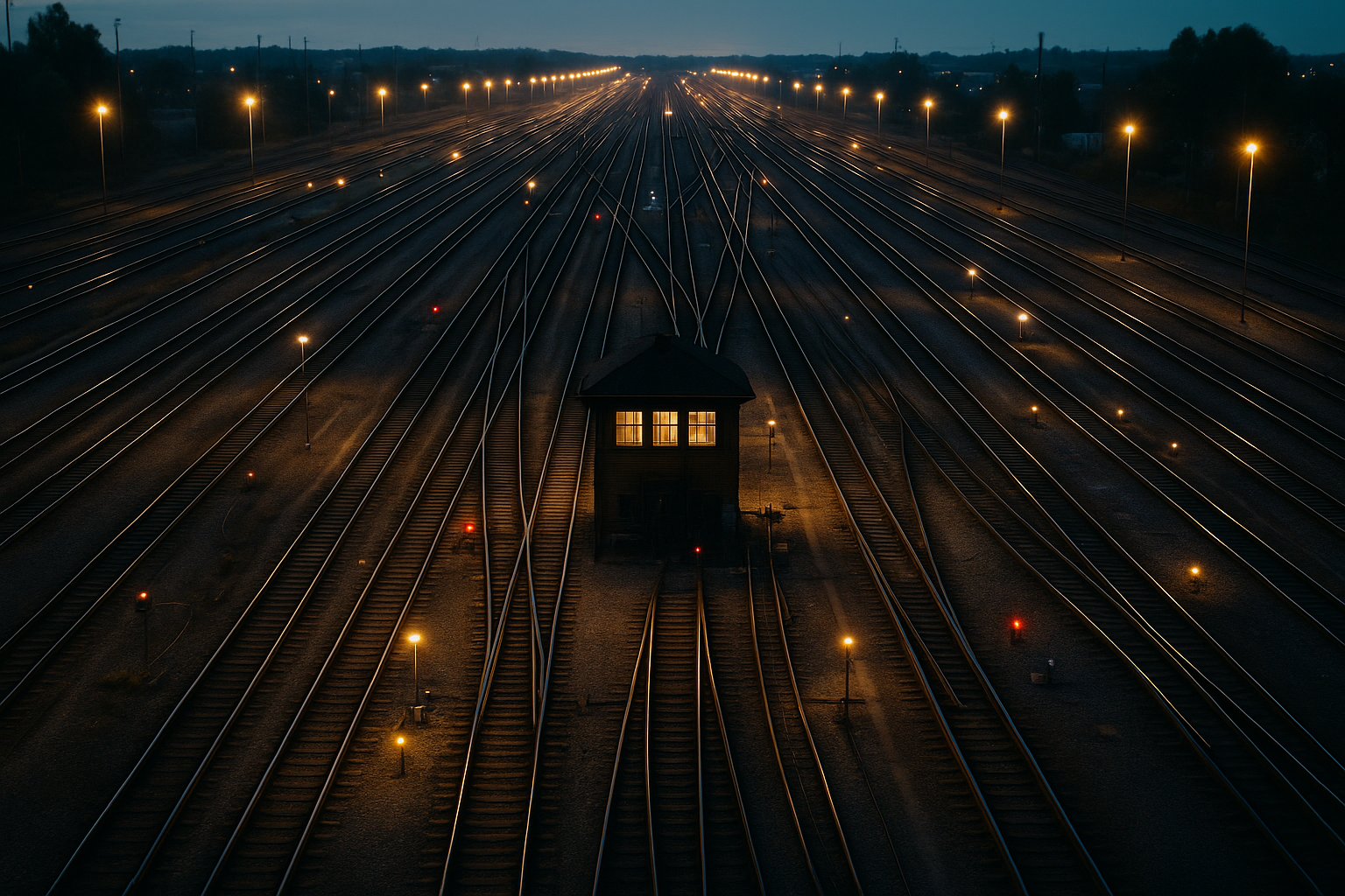 An overhead view of a large rail switching yard at dusk, dozens of tracks converging and branching through a central control tower, conveying many parallel processes coordinated from one point.