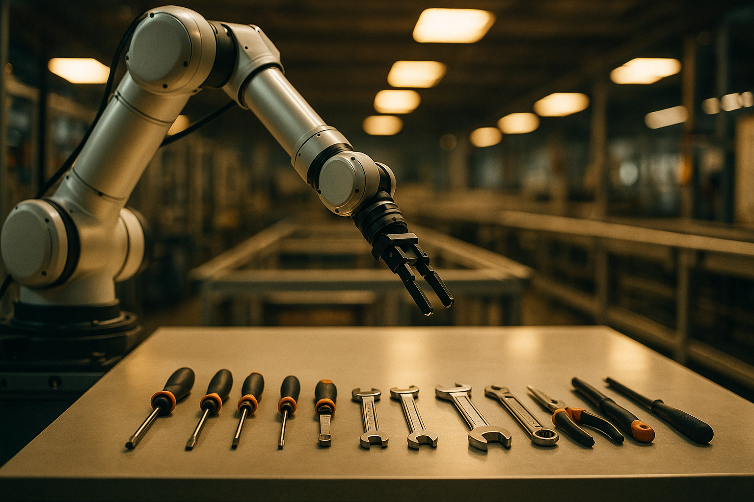 A single robotic arm on an automated assembly line reaching toward a row of tools on a workbench, warm overhead light, suggesting a system that thinks and then acts.