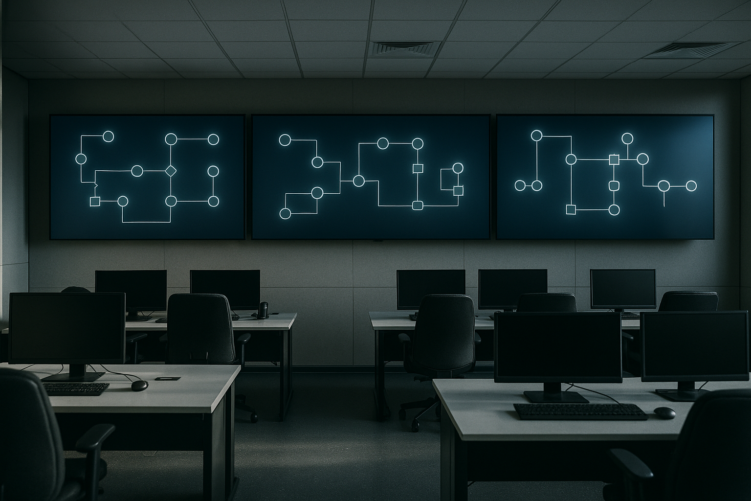 An overhead view of a logistics control room with several large wall displays showing interconnected node-and-line process maps, desks below tracing a single task as it moves between stations.