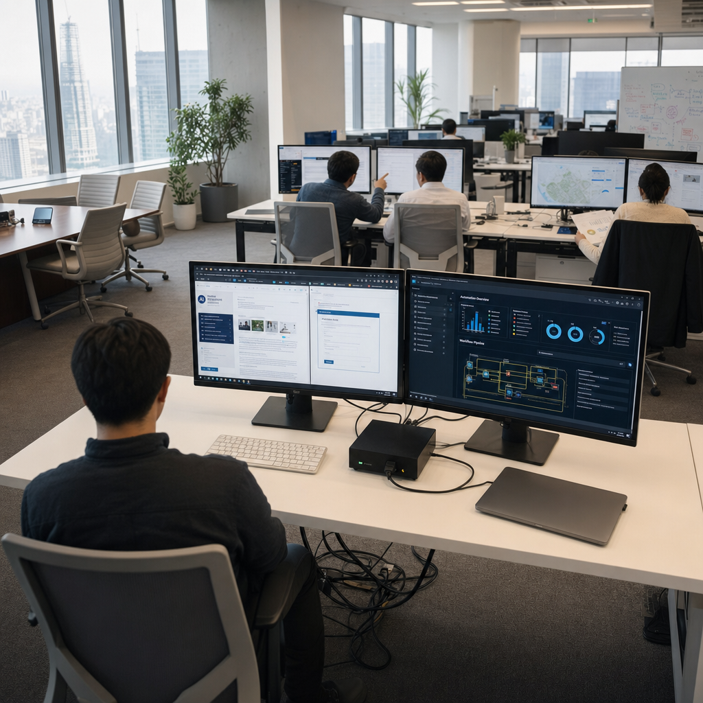 A wide-angle view inside a contemporary open-plan enterprise office environment during daytime with natural light streaming through large floor-to-ceiling windows overlooking an urban skyline. In the foreground a single anonymous professional sits with back to camera at a clean white desk equipped with dual monitors and a wireless keyboard. The left monitor displays a realistic browser window actively navigating multiple tabs and performing autonomous actions such as scrolling through documents clicking buttons and filling forms without any visible human input. The right monitor shows a complex enterprise dashboard with abstract graphical charts graphs and workflow diagrams indicating task automation in progress. On the desk surface rests a sleek laptop connected via cables to a small black hardware device resembling an AI inference unit. In the mid-ground several other anonymous office workers are seated at similar desks engaged in light collaboration one pointing at a shared screen while another reviews printed reports. Background elements include rows of additional workstations with active computer screens displaying varied software interfaces some with map visualizations customer relationship management layouts and data processing pipelines. Office details encompass neutral-toned carpet modular furniture potted plants and subtle network cables running along the floor. The overall composition captures a moment of seamless integration between human oversight and independent AI-driven task execution across consumer-facing browser interactions and large-scale enterprise operations. Additional visual layers include a distant conference table with papers and tablets a whiteboard covered in abstract diagrams and subtle reflections on polished monitor surfaces emphasizing the real-world deployment of autonomous systems handling independent tasks in both individual productivity and organizational workflow contexts without any human figures showing faces or identifiable traits.