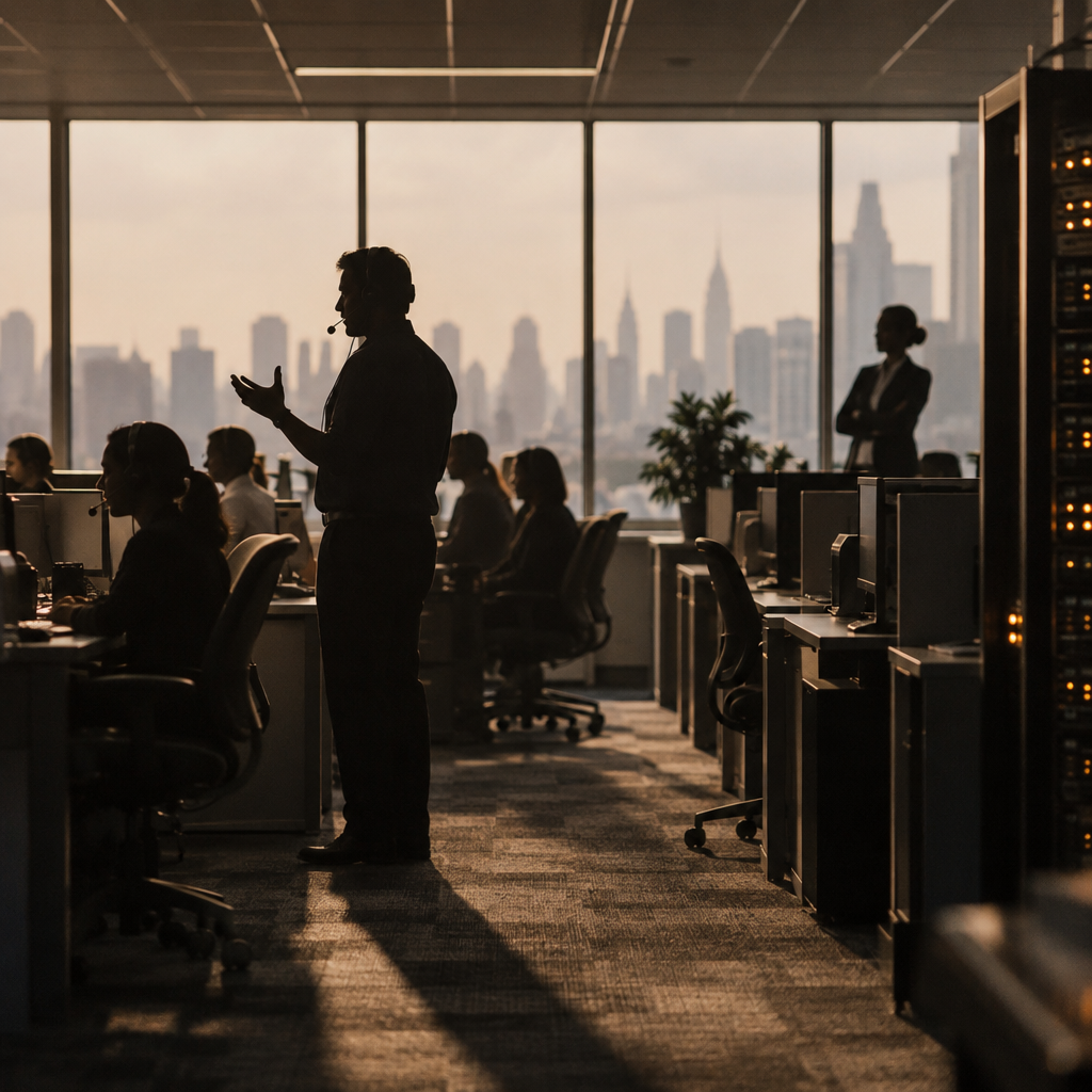 Call center agents silhouetted against bright windows at New York Life, with AT&T telecom equipment in foreground