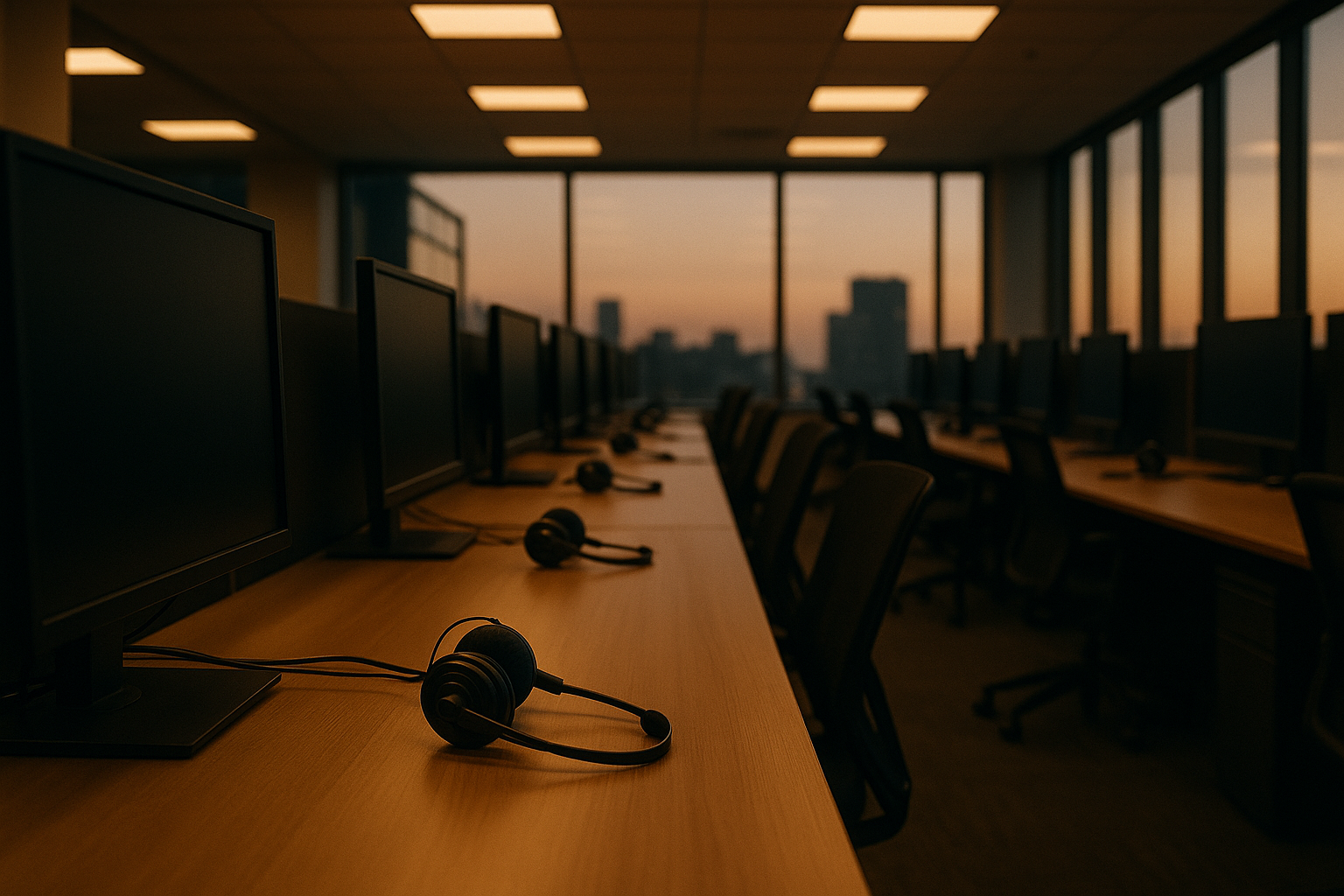 An empty modern contact-center workspace at dusk, rows of headsets resting on desks beside dark monitors, soft overhead light suggesting work now handled automatically.