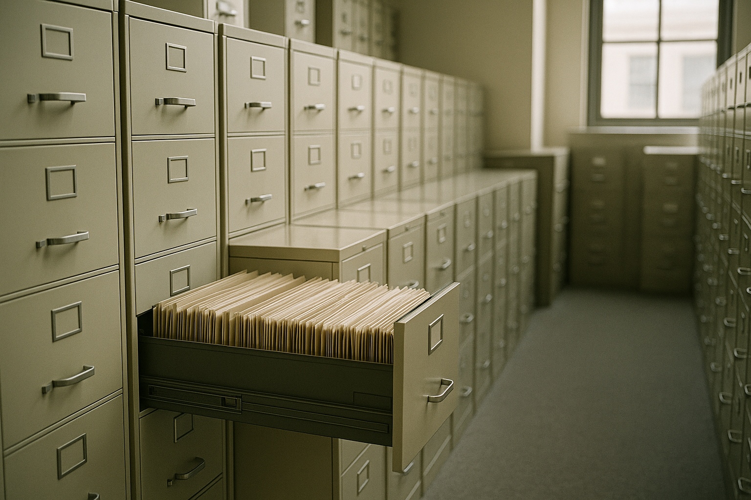 An organized enterprise data archive room with neatly labeled physical filing cabinets and a single open drawer, soft daylight from a window, suggesting structured, well-governed records.