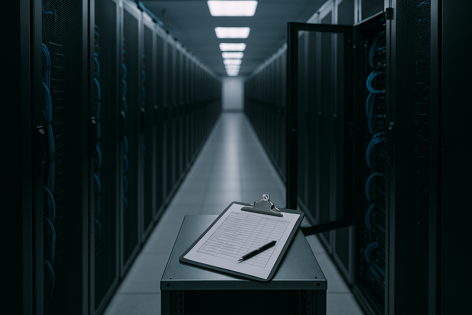 A long enterprise data-center aisle of cabled storage racks with one cabinet door open, a clipboard and audit checklist resting on a steel ledge in the foreground under cool overhead light.
