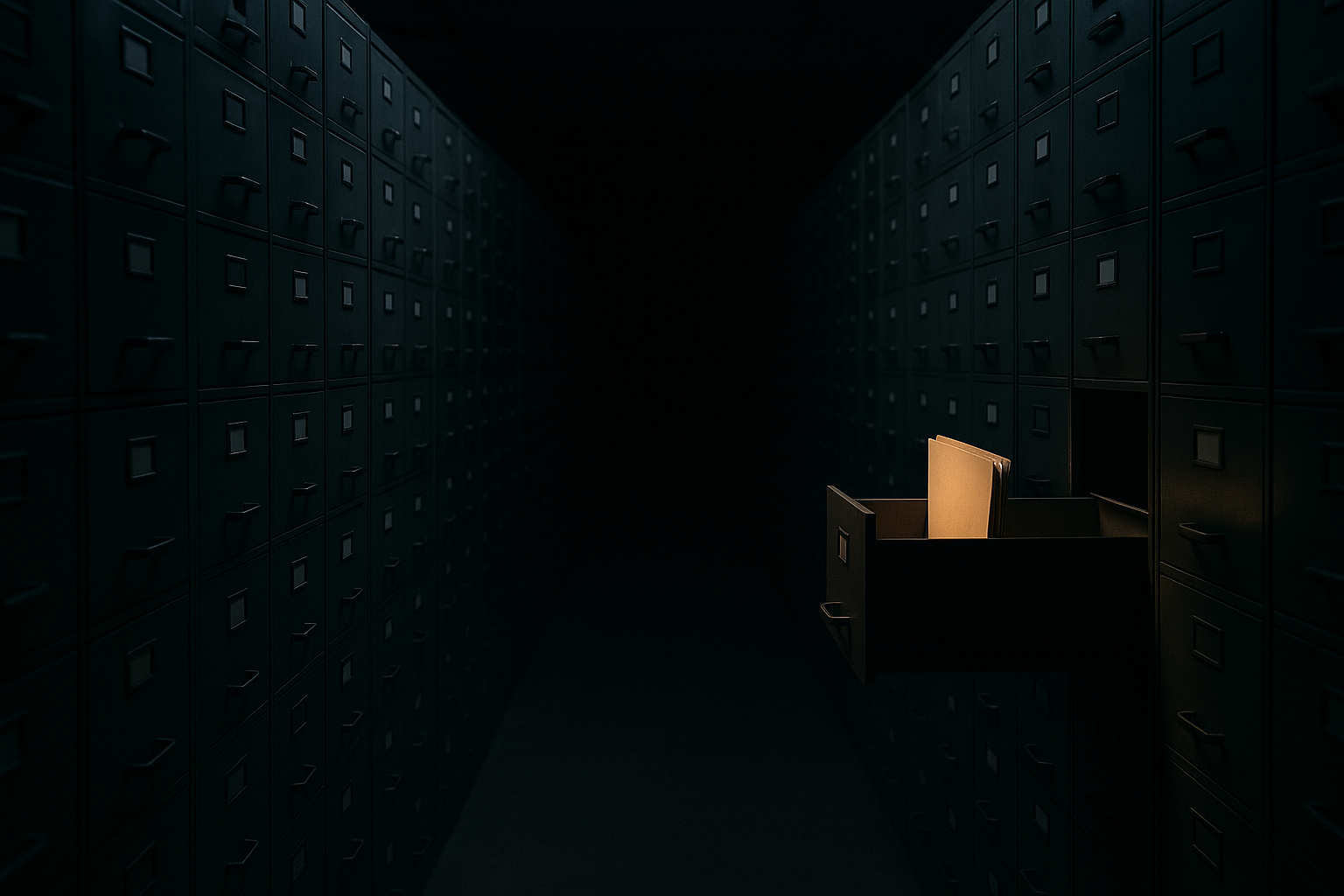 A single illuminated filing cabinet drawer open in a dark archive room full of closed cabinets, a soft beam of light picking out one folder among thousands.