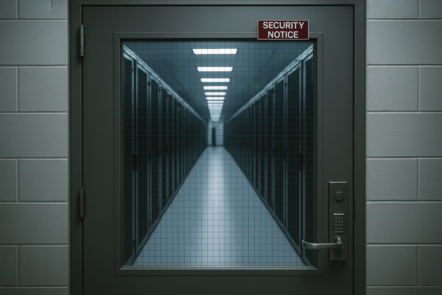 A government data center corridor with rows of locked server racks behind a sealed steel security door, cool blue light, suggesting classified compute kept on-site.