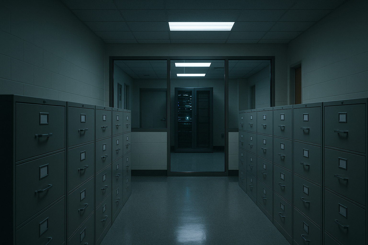 A hospital records room at night with locked filing cabinets and a single server rack glowing behind a glass partition, suggesting patient data kept inside the building.