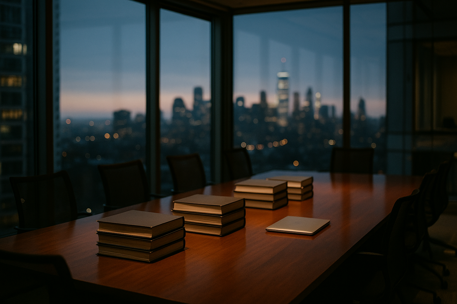 A quiet glass-walled deal room at dusk with stacked printed binders and a closed laptop on a long table, city skyline beyond the windows, suggesting confidential financial documents kept inside the firm.