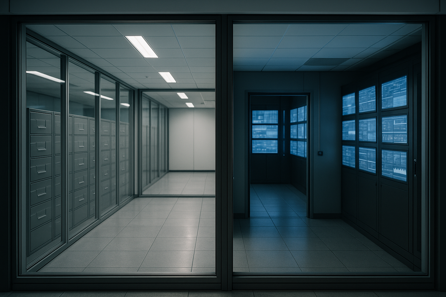 Two adjacent glass-walled office rooms in a corporate data center, one lined with neatly labeled archival storage cabinets and the other with a wall of monitoring dashboards, separated by a single open doorway.