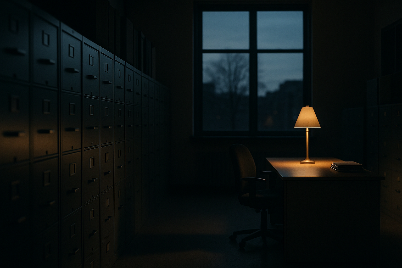 A quiet municipal records room at dusk, rows of metal filing cabinets beside a single illuminated workstation, suggesting public data kept inside the building.