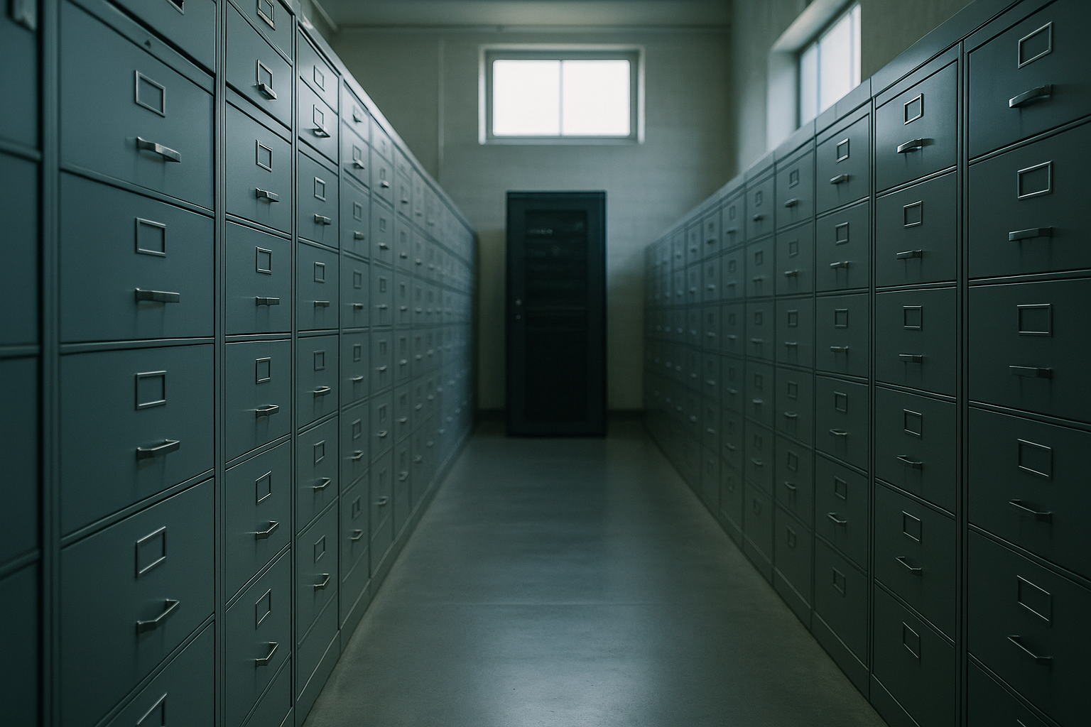 A quiet government records archive with rows of locked steel filing cabinets and a single secure server cabinet at the end of the aisle, cool daylight from a high window.