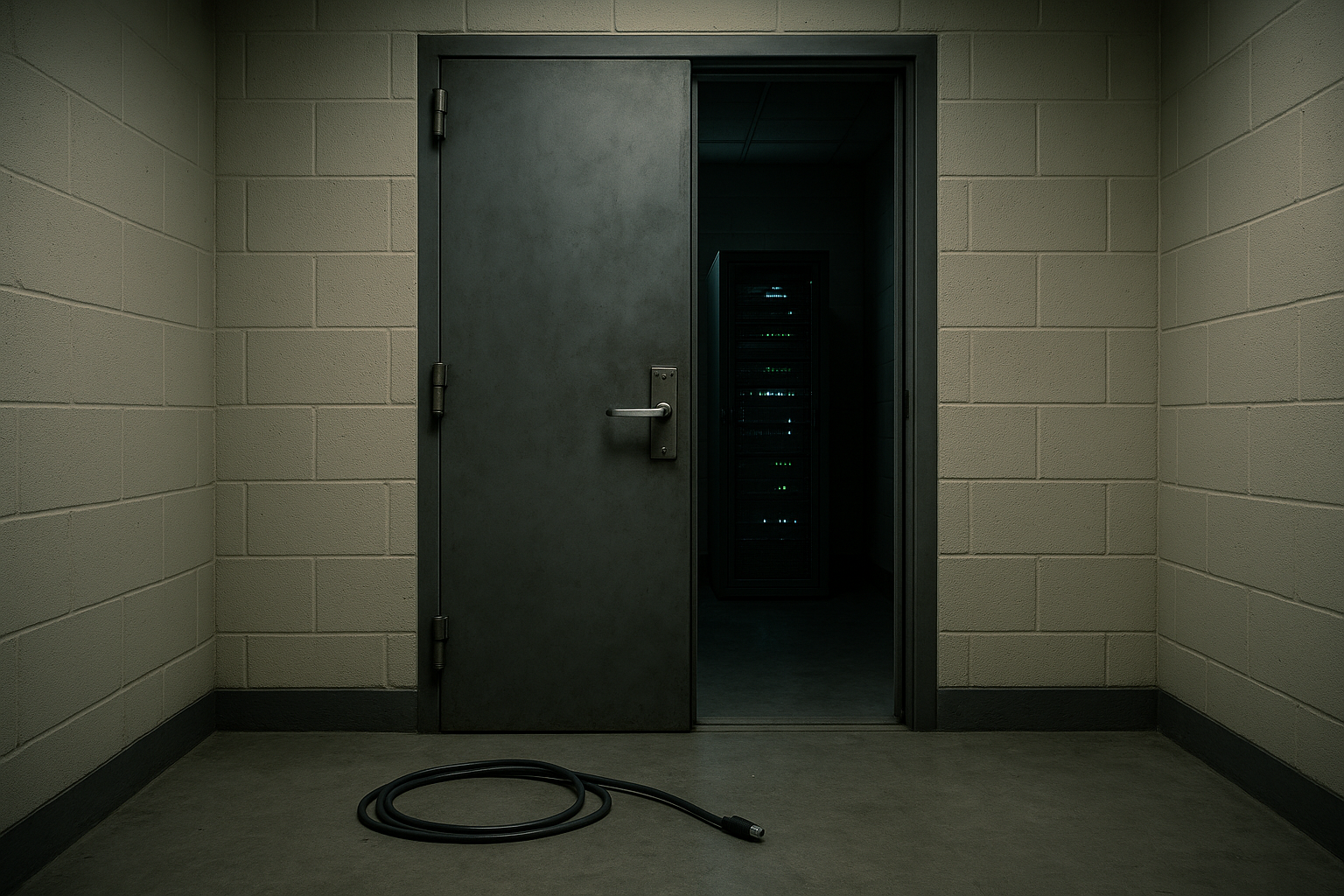A windowless secure computing room with a freestanding server rack glowing faintly, a heavy steel door sealed behind it and a single severed network cable coiled on the floor, signalling a network with no outside connection.