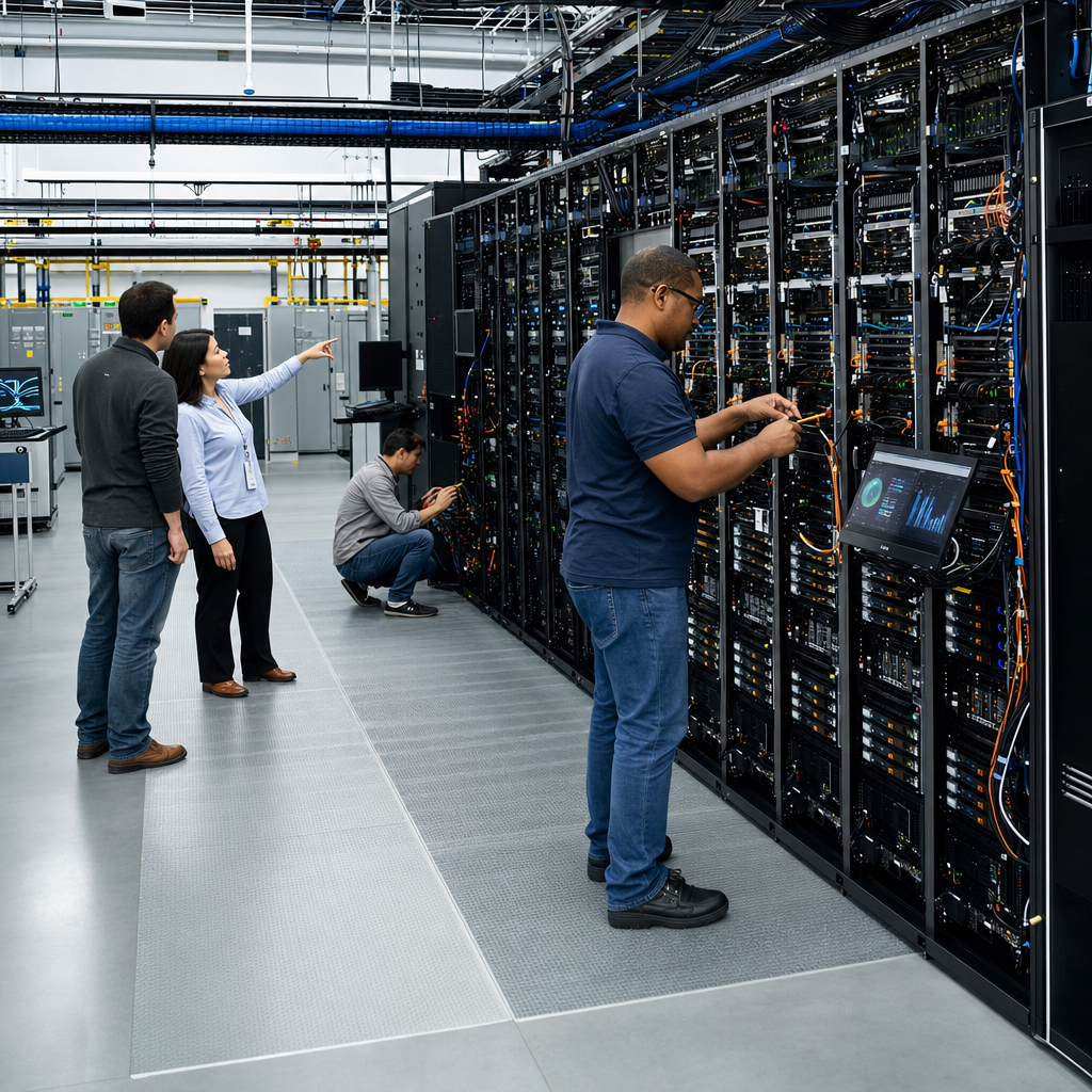 A detailed real world scene inside a large scale data center facility shows several tall server racks arranged in parallel rows with their doors open revealing internal hardware components including multiple circuit boards power supplies and cooling fans all interconnected with numerous cables of different thicknesses and colors neatly routed through cable management trays. Several anonymous individuals are present in the scene including a man with short hair wearing a polo shirt and jeans who is using a tool to secure a component in one of the racks a woman with long hair in a button up shirt and slacks who is standing and pointing at a particular rack while talking to another colleague and a third person in casual business attire who is kneeling down to check connections at the bottom of a server unit. The background includes additional equipment such as air conditioning units for temperature control large electrical panels and safety signage that is not legible. The lighting is bright and even illuminating the entire area which features concrete floors with anti static properties and metal walkways. This setting illustrates the deployment of advanced AI systems on cloud computing platforms where high performance models are being integrated and made available for users highlighting the infrastructure that supports near frontier capabilities at competitive pricing structures through major providers like those associated with Amazon web services. The individuals are focused on their tasks demonstrating the hands on nature of maintaining and launching such technological offerings in a professional environment dedicated to innovation in artificial intelligence and machine learning applications. Additional details include the presence of various monitoring devices attached to the racks with screens showing status indicators in graphical form without any specific textual information visible and the overall cleanliness and organization of the space reflecting industry standards for such facilities. The composition emphasizes the scale and complexity of the hardware involved in supporting large language models and other frontier technologies being rolled out to platforms that enable broad access and utilization by developers and enterprises alike. The scene avoids any depiction of specific individuals or branded items that could be identified and instead focuses on generic representations of the technology infrastructure central to the story of model releases and platform integrations. Furthermore the data center is equipped with redundant systems for power and connectivity ensuring uninterrupted service for the AI services being hosted there with visible examples of backup generators and network routers positioned strategically throughout the facility. The professionals in the scene are engaged in collaborative efforts to optimize the performance of the systems which are designed to deliver results very close to the leading models in the field while maintaining cost effectiveness that matches previous versions of similar products. This visual representation captures the essence of technological advancement in the field of artificial intelligence where companies like the one behind the new model are partnering with cloud giants to bring their offerings to market quickly and efficiently on the day of release. The environment is bustling with activity yet orderly showcasing the meticulous attention to detail required in such high stakes operational areas dedicated to the support of cutting edge computing resources.