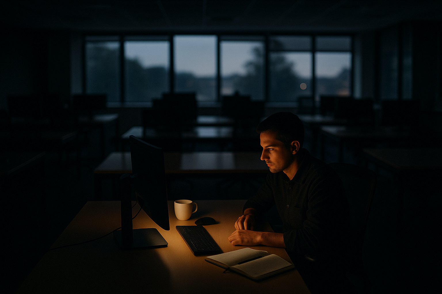 An early-morning open-plan office with one desk lit by a monitor's glow, a coffee cup and notepad beside the keyboard, suggesting focused knowledge work getting done faster.