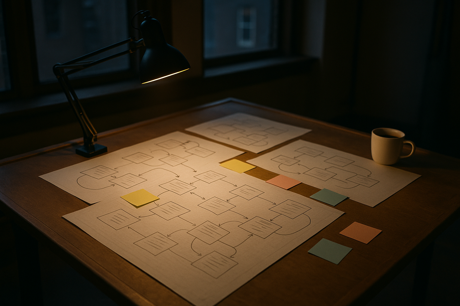 A wide drafting table in a quiet studio at dusk, covered with overlapping flowchart sketches connected by hand-drawn arrows and sticky notes, a single desk lamp casting warm light across the paper.
