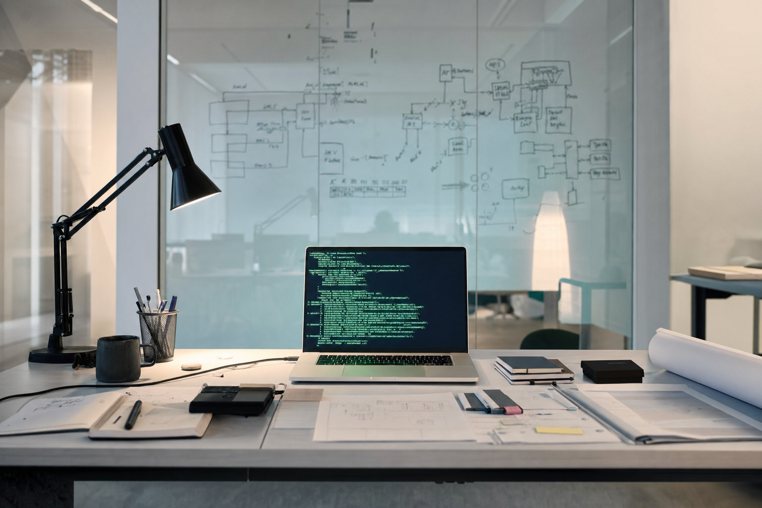 A clean engineering workstation in a quiet office, a laptop terminal glowing pale green on black, behind it a glass wall with faint hand-drawn system-architecture diagrams.