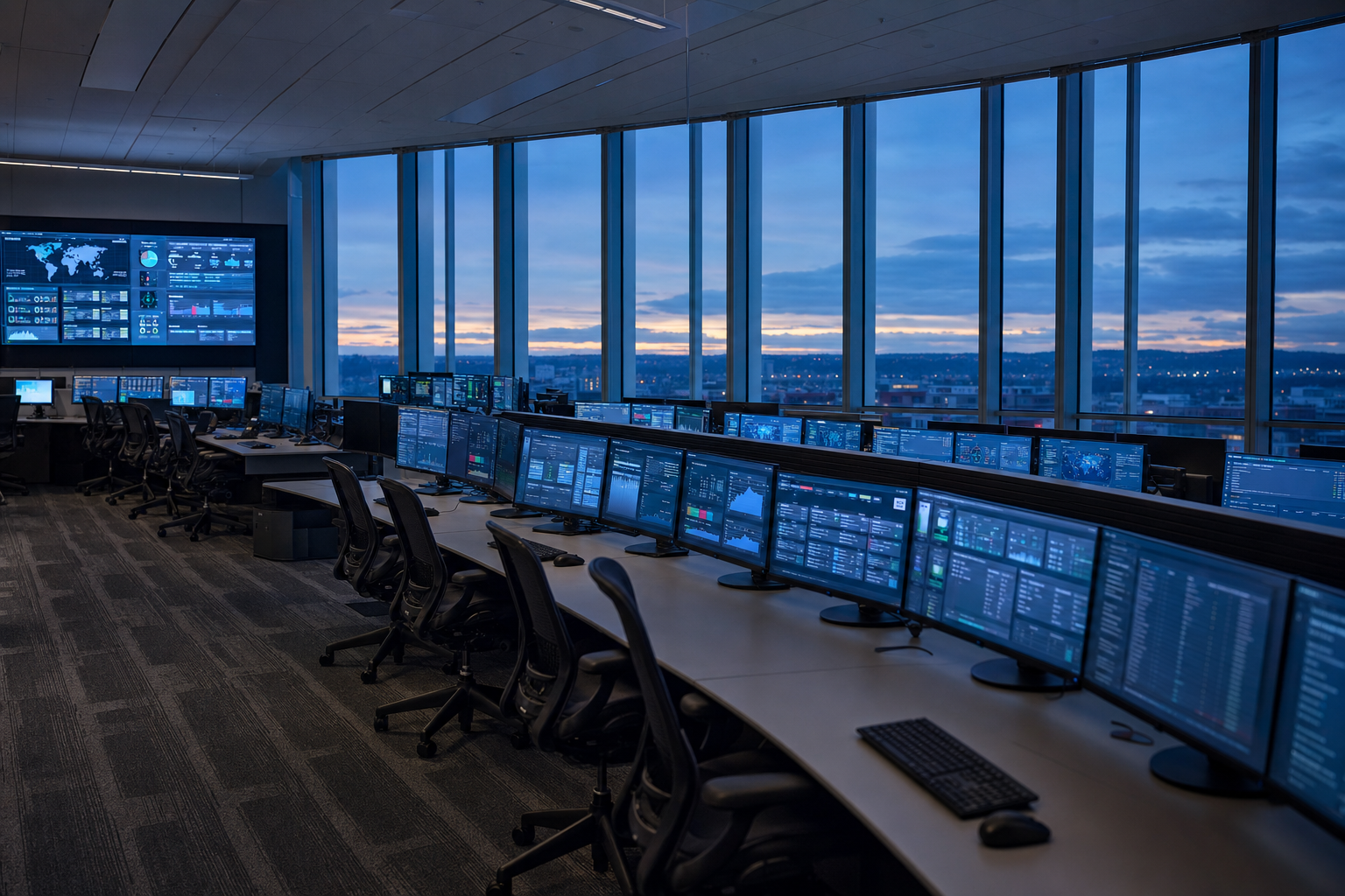 An empty modern operations center at dusk, curved desks of monitors displaying abstract flowing dashboards and streams of data, cool blue ambient light.