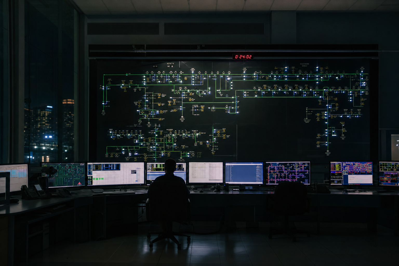 A darkened industrial control room at night, glowing nodes connected by bright light-trail paths routing across a large wall display.
