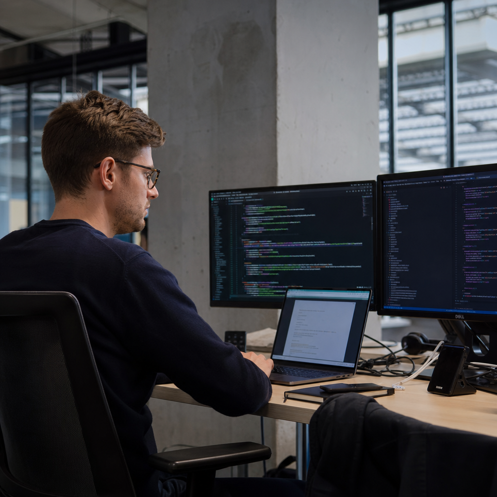 A darkened developer workspace at night lit by the glow of a terminal-filled monitor, lines of code scrolling on screen with a second display showing a branching diff.