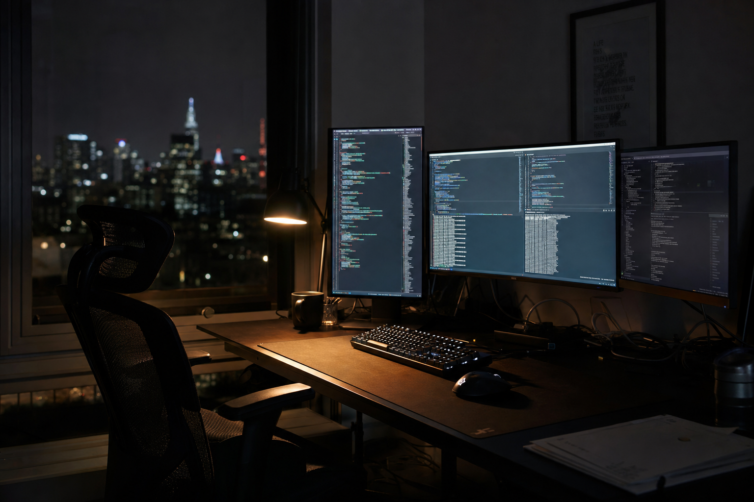 A software developer's darkened desk at night, three monitors glowing with lines of abstract code and a terminal, a mechanical keyboard lit by a single warm desk lamp, an empty office chair pulled back.