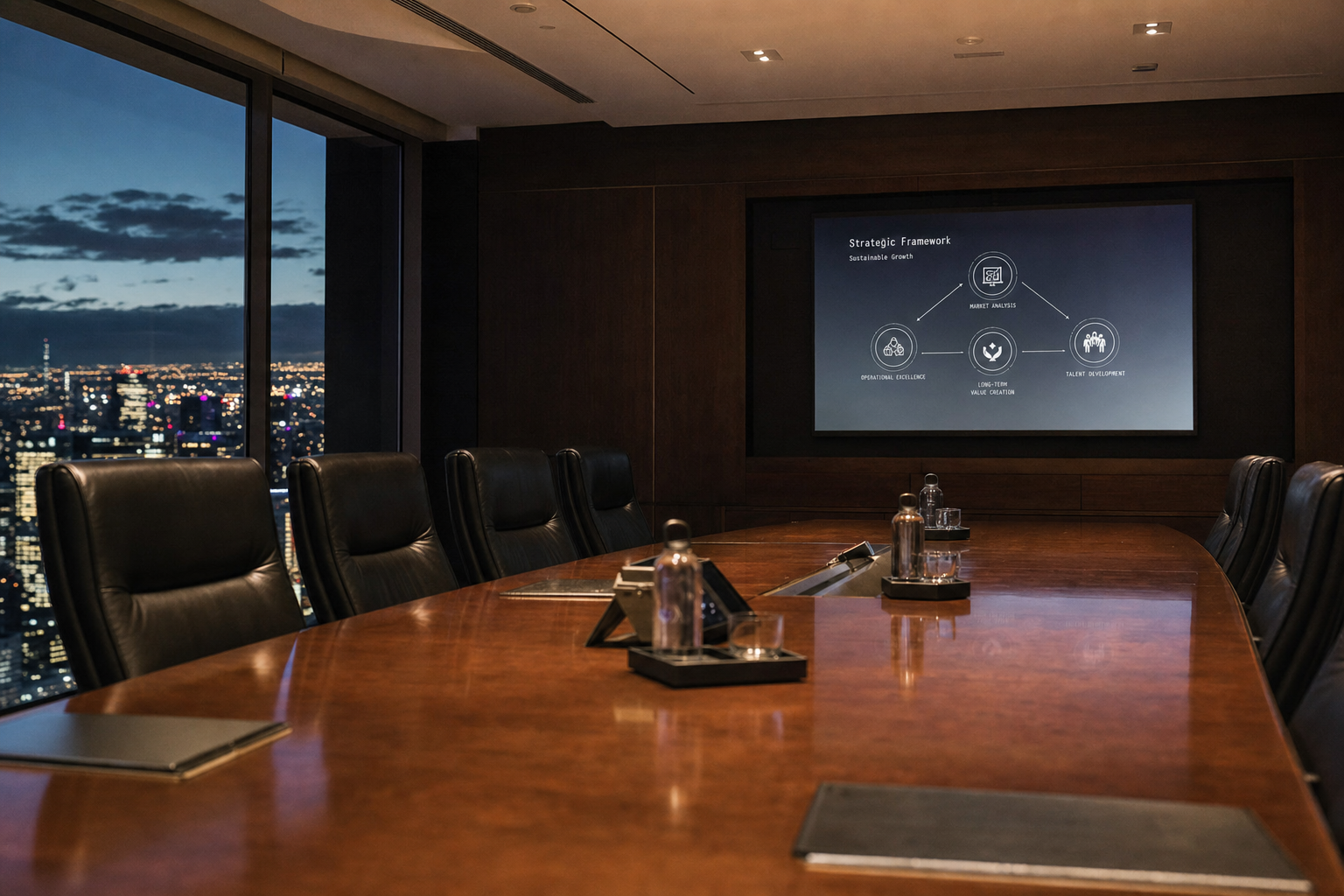 A quiet executive boardroom at dusk, a long polished wooden table, a wall screen showing an abstract strategy diagram, empty leather chairs, city lights through the window.