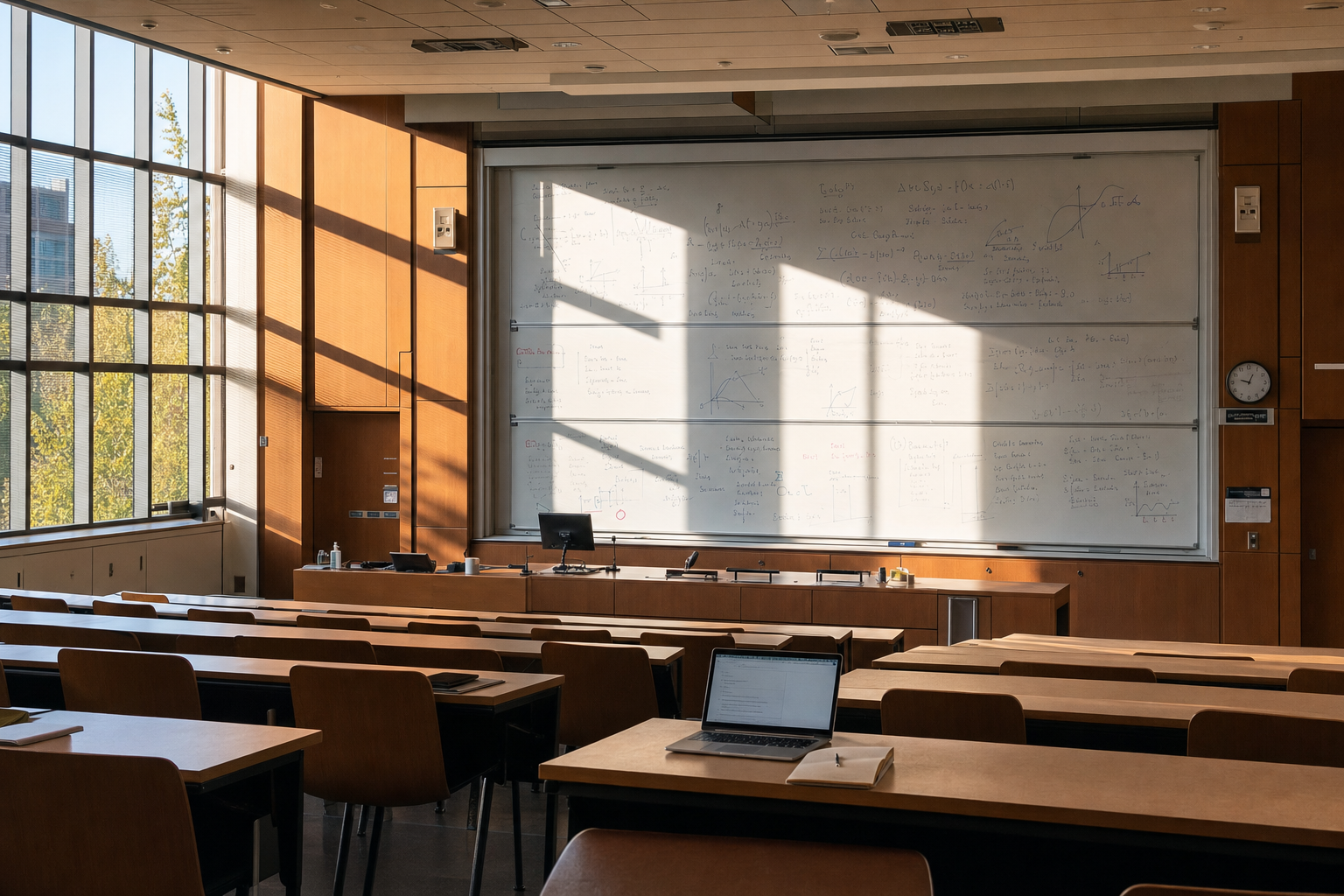 A sunlit empty university lecture hall, a wide whiteboard covered in faint equations and diagrams, an open laptop on a front-row desk.