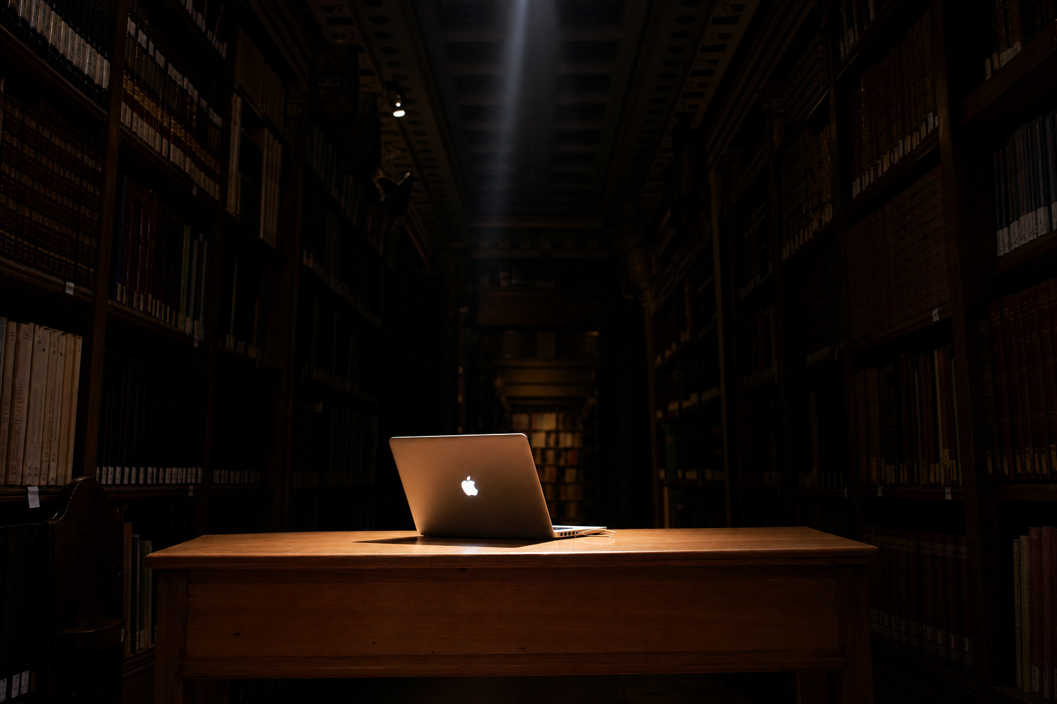 A single laptop glowing on a wooden desk in a dark library aisle, tall bookshelves receding into shadow, a soft beam of light from overhead.