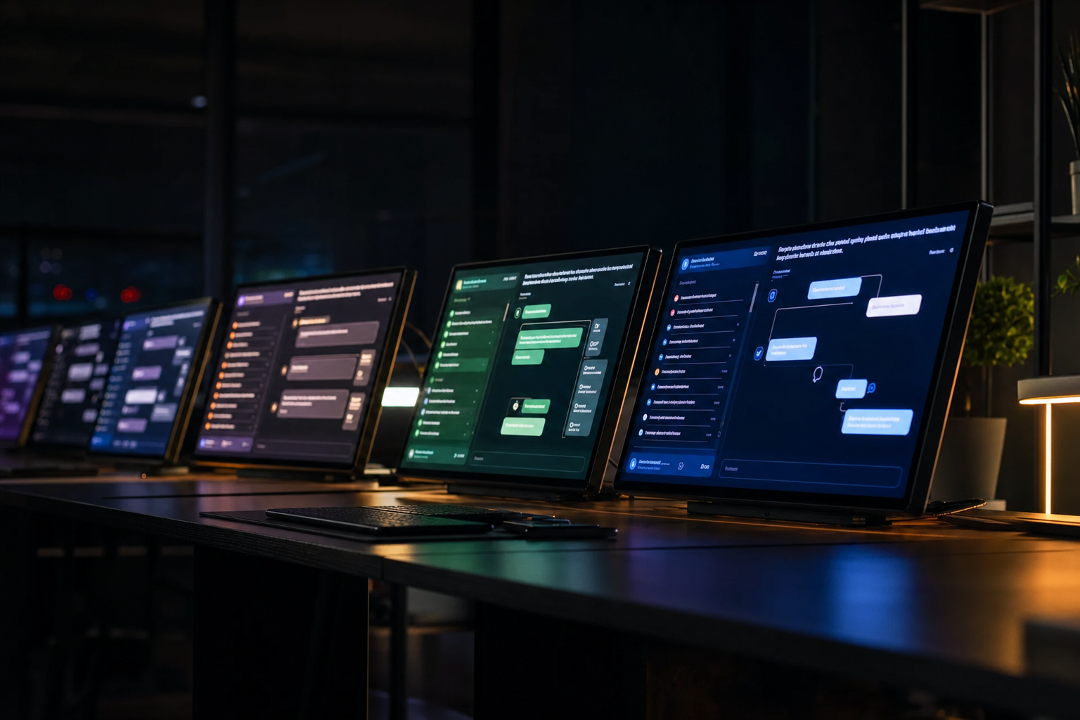 A dark room with a row of glowing screens set at different angles, each showing a different abstract conversational interface, warm and cool light mixing on the desk.