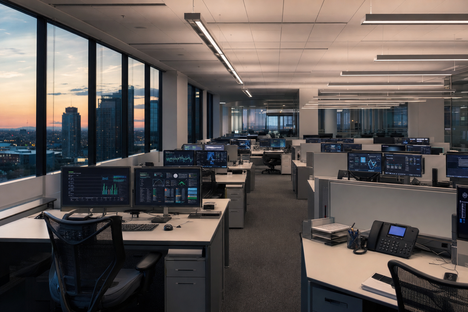 An empty modern open-plan corporate office at dusk, long rows of monitors showing abstract dashboards, soft window light falling across the desks.
