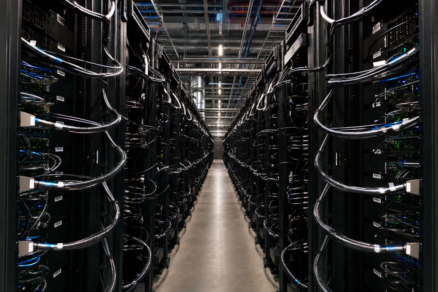 A long aisle of liquid-cooled AI server racks glowing in a dim data center, bundles of fiber-optic cables sweeping toward the vanishing point.