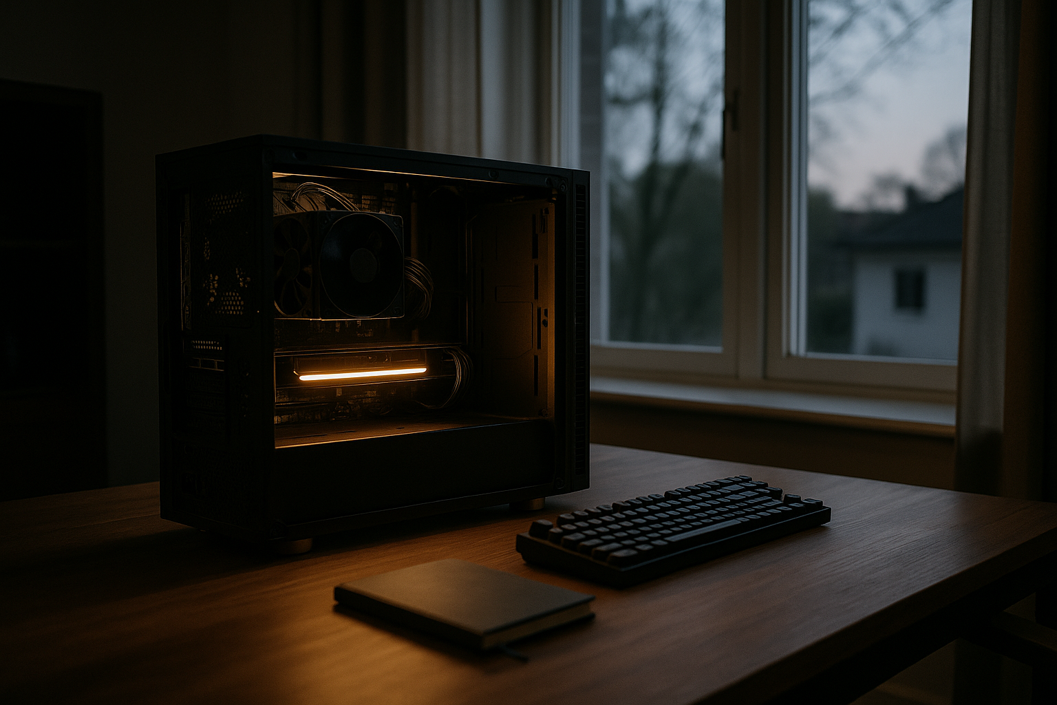 A single desktop workstation with the side panel removed, a large air-cooled graphics card glowing softly inside, sitting on a wooden desk in a home office at dusk.