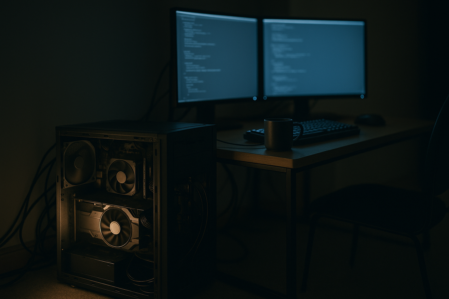 A developer workstation in a dim home office, a single graphics card glowing inside an open desktop tower beside two monitors, suggesting code running entirely on local hardware.