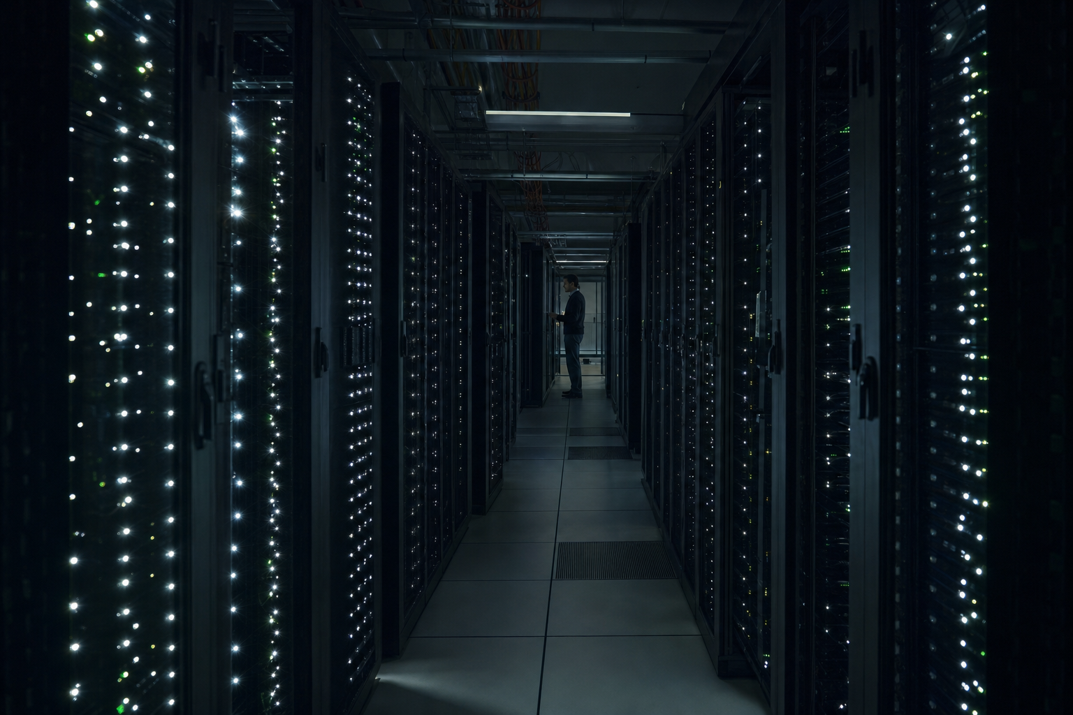 A dim data center aisle with glowing server racks, hundreds of tiny points of light arranged in a three-dimensional lattice that suggests a vector space.