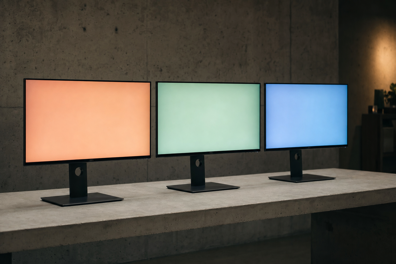 Three identical sleek computer monitors in a row on a minimalist concrete desk in a dim studio, each screen glowing a different soft hue.