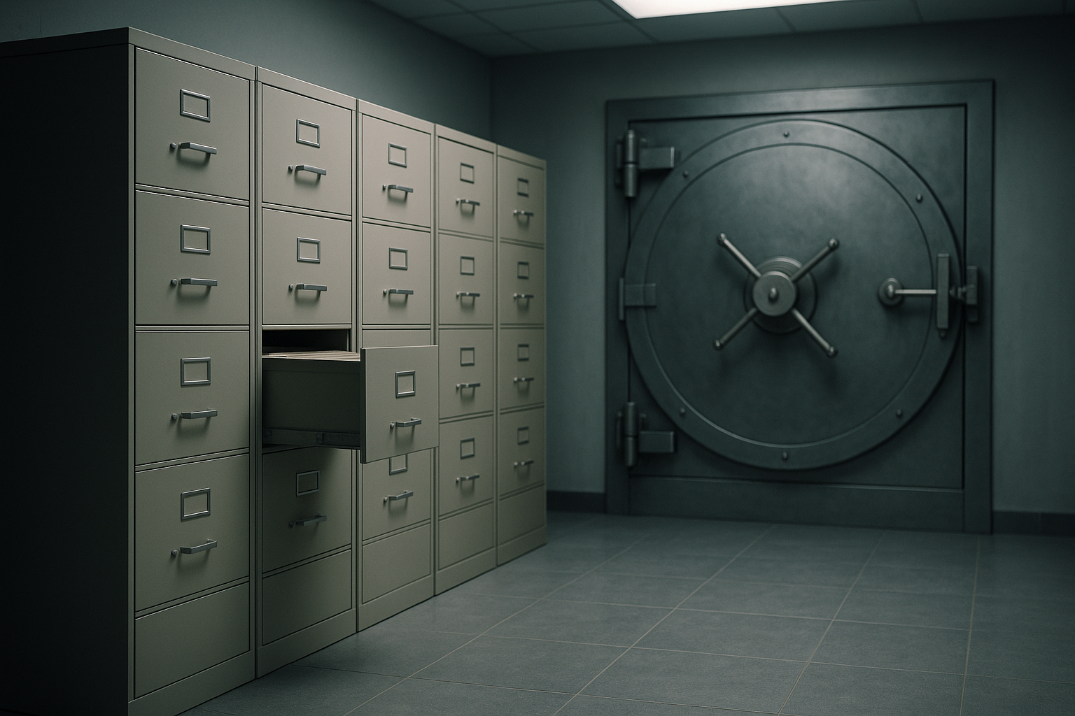 A row of locked steel filing cabinets and a sealed records vault inside a corporate compliance archive, soft overhead lighting and a single open drawer, suggesting controlled, audited data.