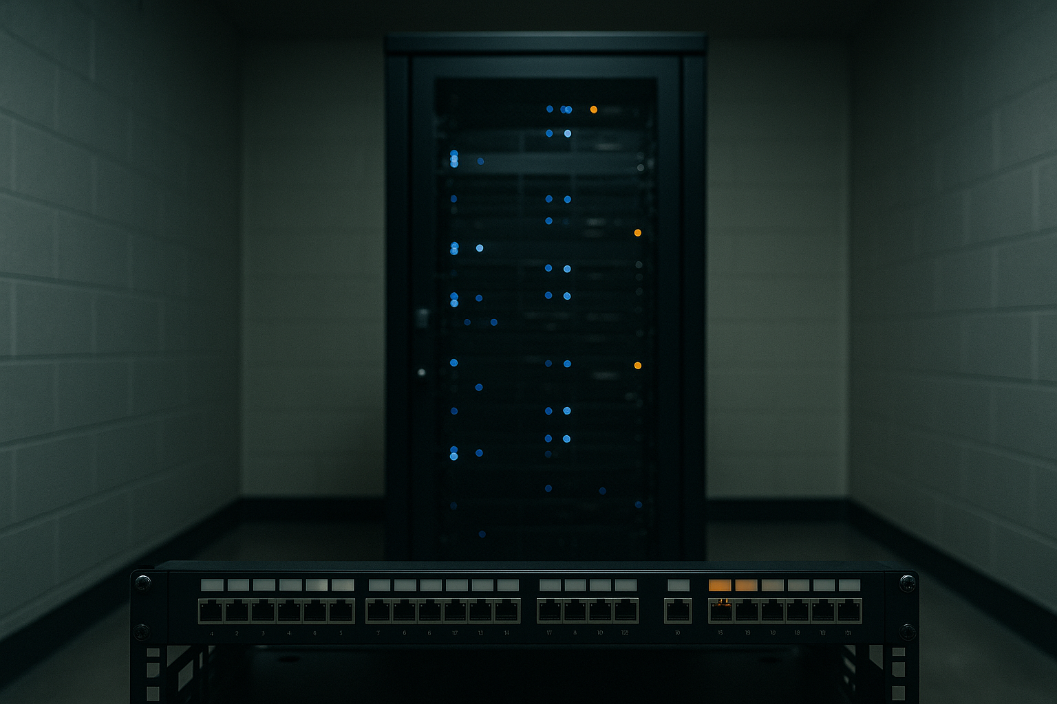 An isolated on-premise server rack inside a windowless secure room with a severed network patch panel in the foreground, no cables running to the outside, lit by cool indicator lights.