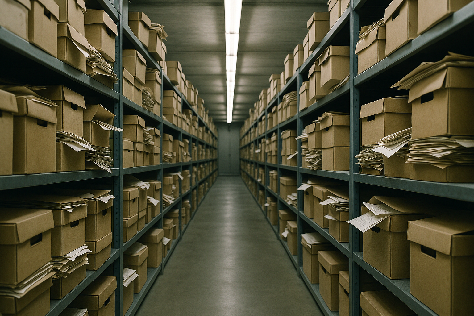 An archival warehouse aisle of overflowing, mislabeled cardboard document boxes stacked unevenly under flat fluorescent light, suggesting disorganized source records before they reach a system.