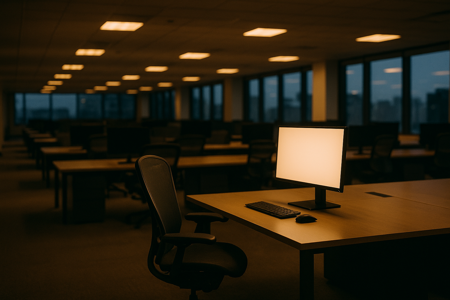 A quiet open-plan corporate help desk at dusk, an empty support agent's chair beside a softly glowing monitor, rows of desks fading into shadow behind it.
