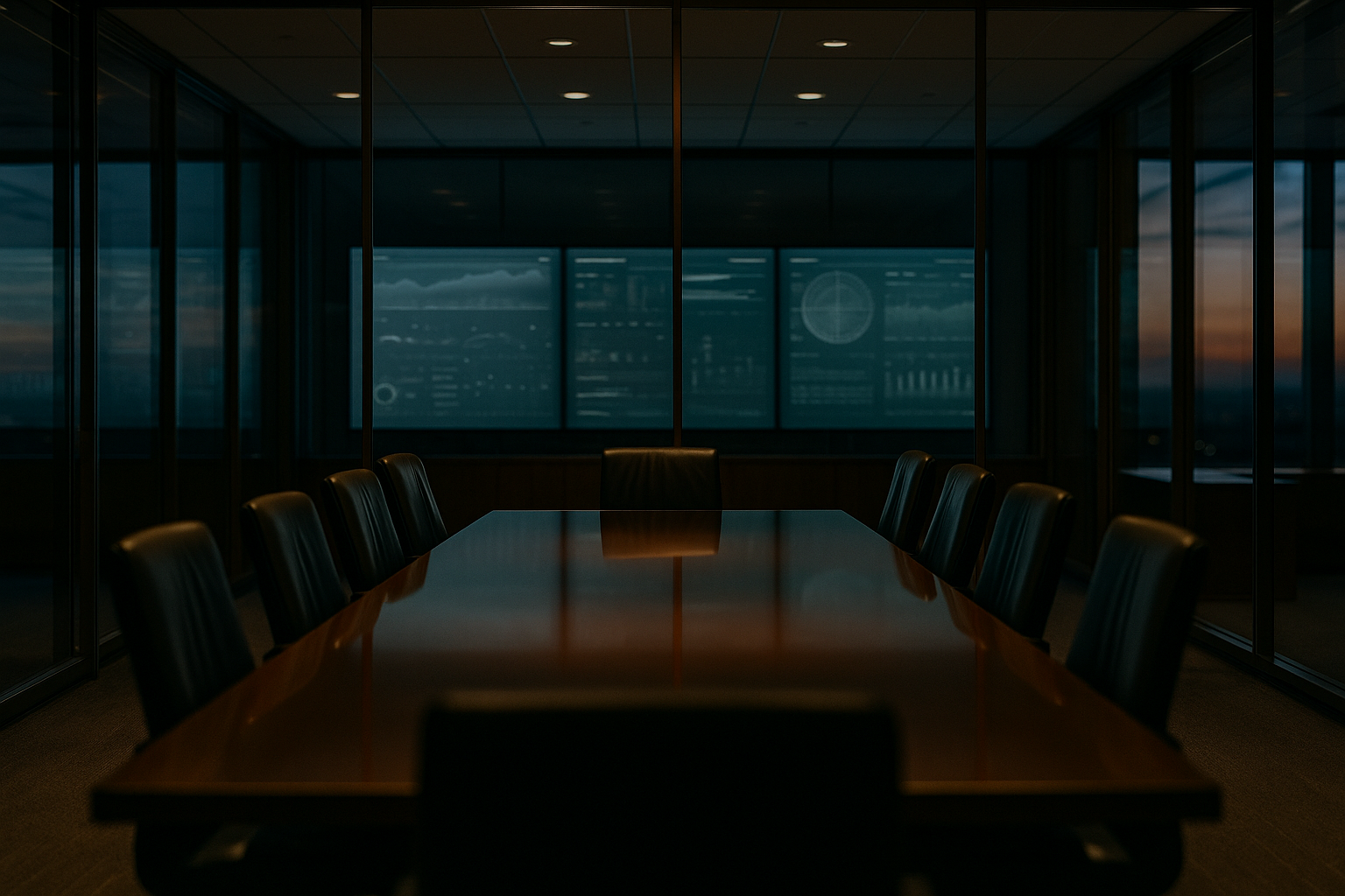 A glass-walled corporate boardroom at dusk with a long empty table and a wall of muted status dashboards glowing behind it, suggesting oversight and accountability over automated systems.