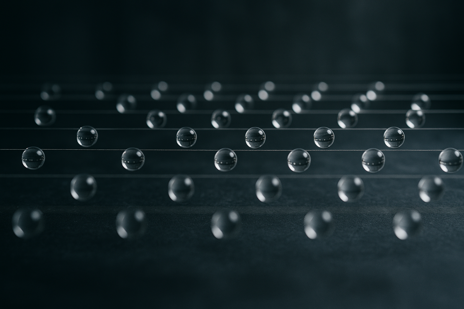 Rows of suspended glass marbles connected by taut threads running left to right above a dark table, light entering from the left and exiting cleanly on the right, suggesting one-directional flow with no return path.