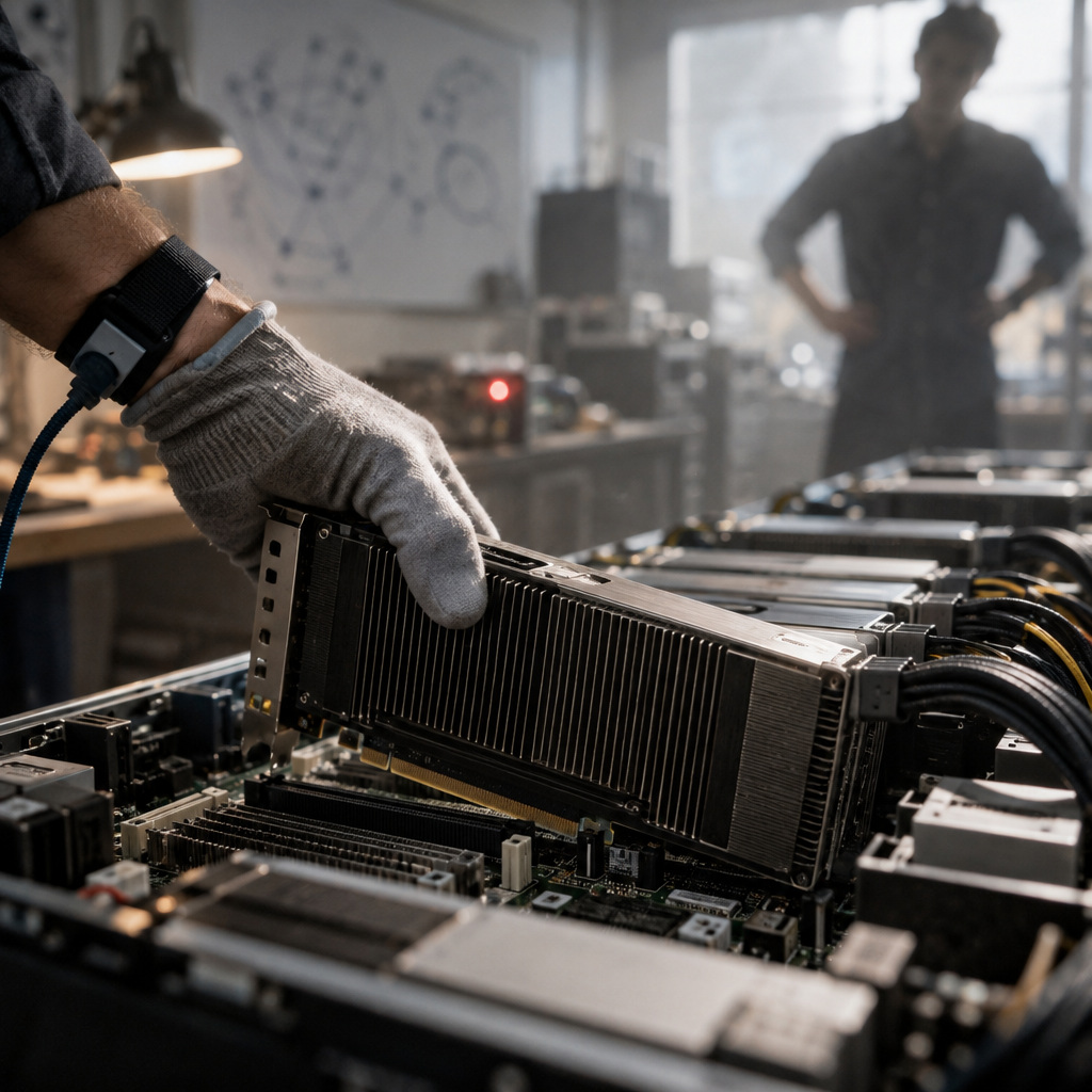 Technician installing a GPU card into a chassis at Elorian's Palo Alto office
