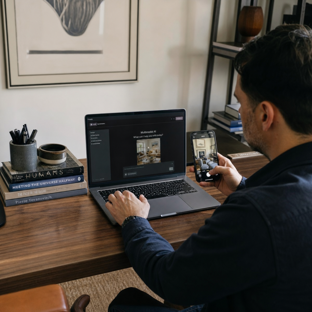 A person sits at a desk in a home office using a standard laptop to interact with an on-device multimodal AI model, with the laptop screen visible alongside a smartphone for cross-device input.