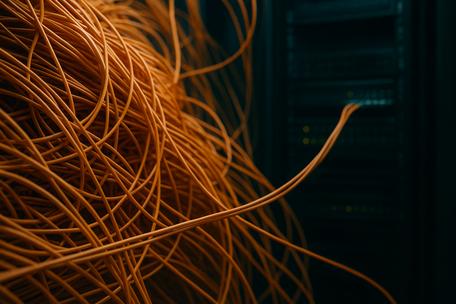 A tangled wall of fibre-optic patch cables in a data center, brightly lit at one end and fading into shadow, suggesting power that is hard to untangle and control.