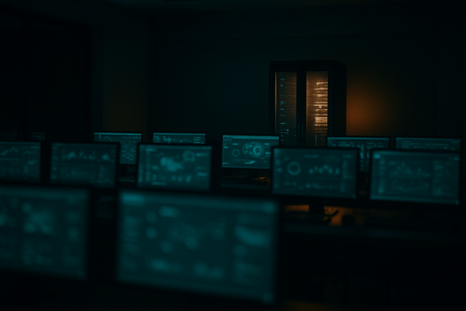 A security operations center at night with rows of dark monitors showing muted dashboards and a single locked server cabinet glowing softly in the background.