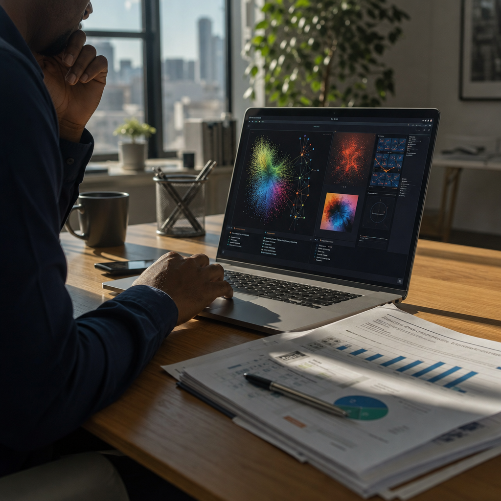 An anonymous professional works at a laptop in a sunlit modern office, the screen displaying abstract colorful generated images and diagrams while economic reports rest on the desk nearby.